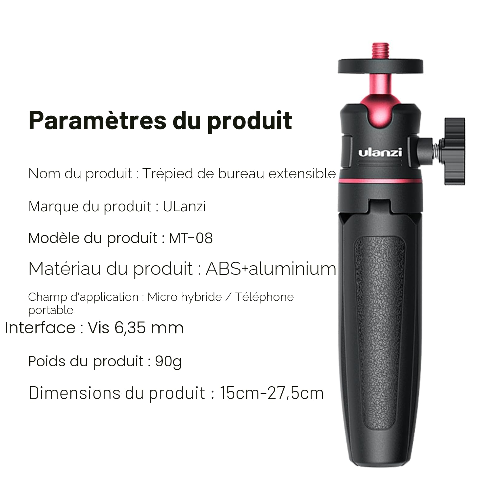 ULANZI MT-08 Trépied Compact de Voyage Portable Mini Avec Vis 1/4'', Compatible Avec Sony ZV1/RX100 VII/RX1R II, Canon G7X Mark, Fujifilm X100V, Leica Q2