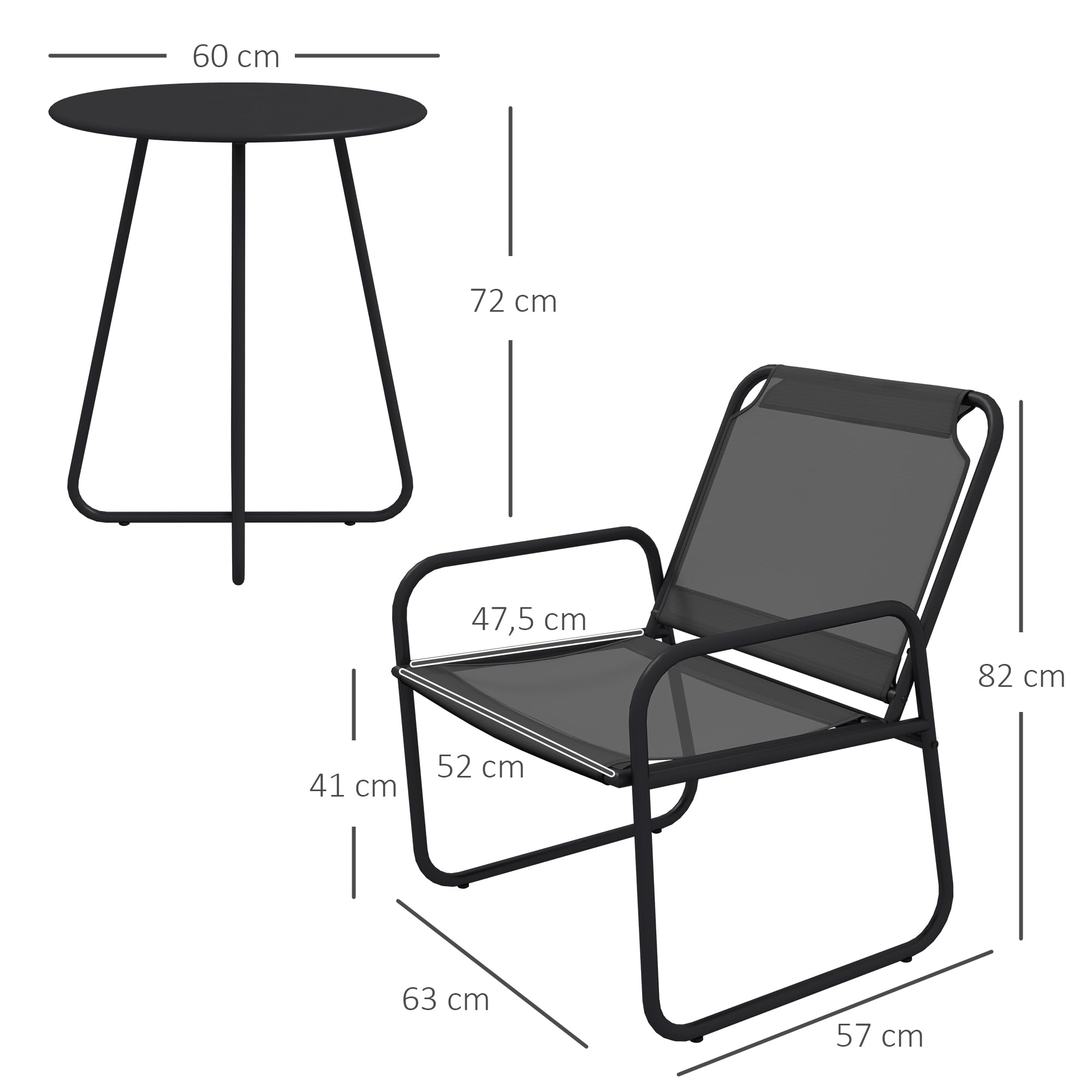 Outsunny Salon de Jardin 3 pièces, 2 fauteuils 1 table ronde, Acier, Tissu respirant, Gris