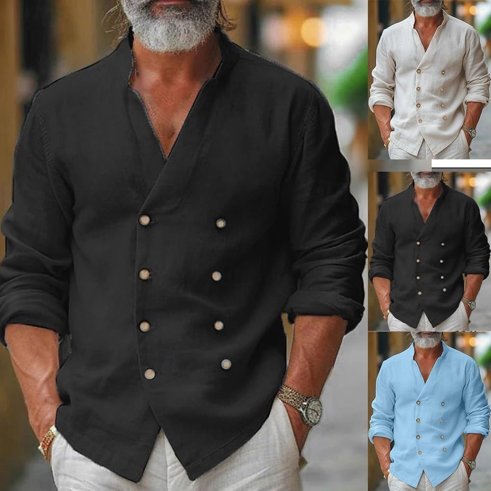 Camicia doppiopetto casual da uomo in lino per vacanze e abbigliamento quotidiano (XL beige)
