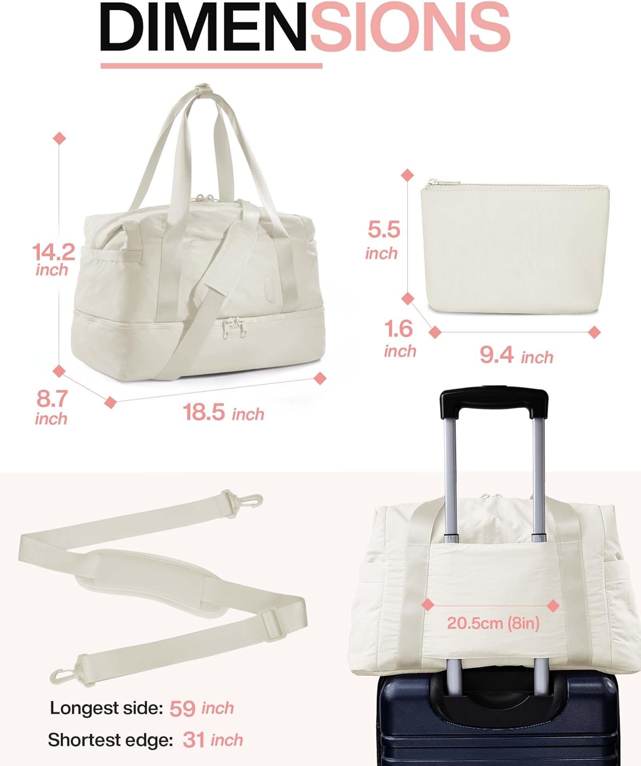 Weekender Bags for Women, BAGSMART Travel Duffel Bags with Shoe Compartment,Personal Item Travel Bag for Airlines, Carry on Overnight Tote Bag with Toiletry Bag (Light Beige,2pcs) - Image 6