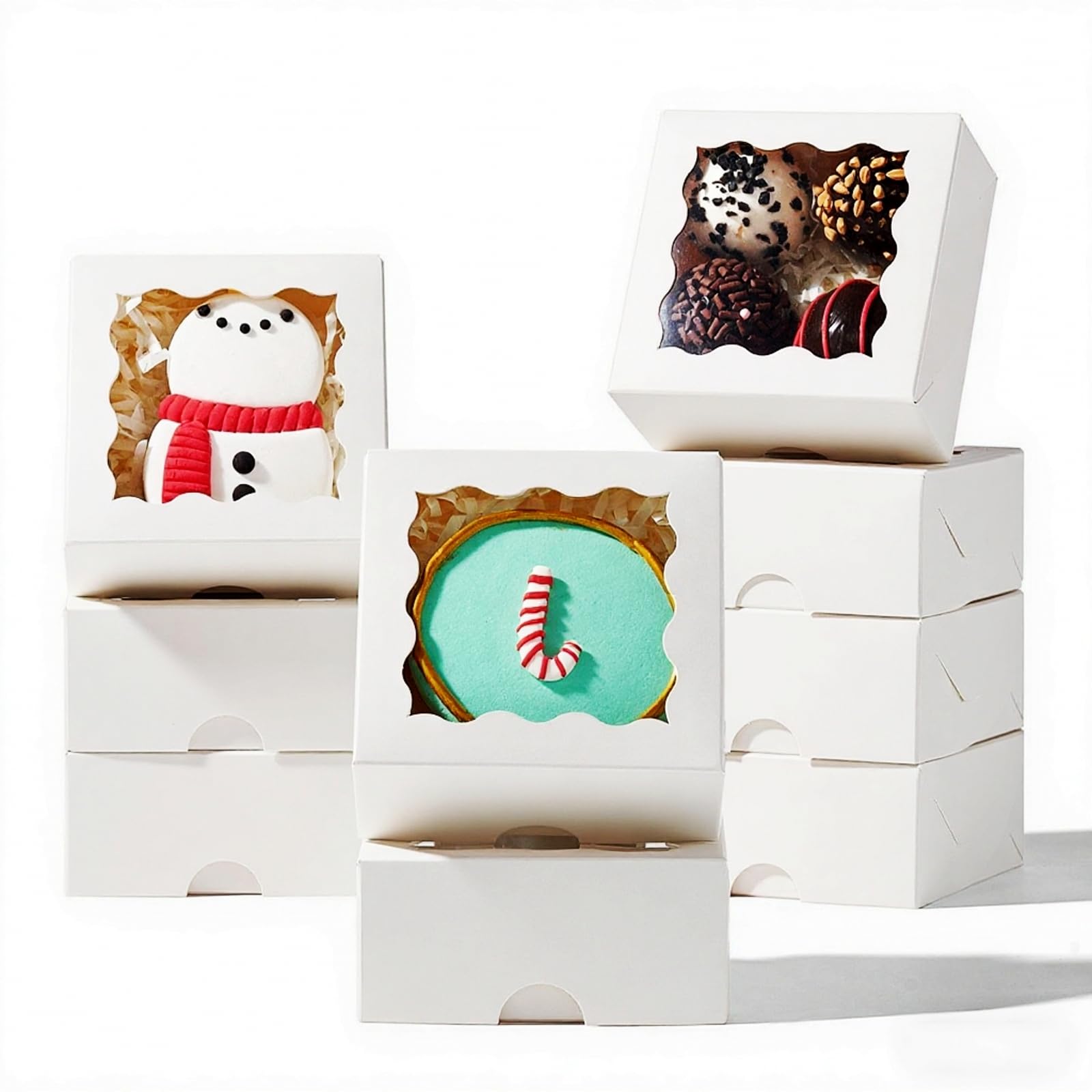 RomanticBaking 3.2" x 3.2" x 1.5" 100PCS Cookies, Soap, Chocolate Truffle, Donut, Macaron, Mini Bakery Boxes with Window