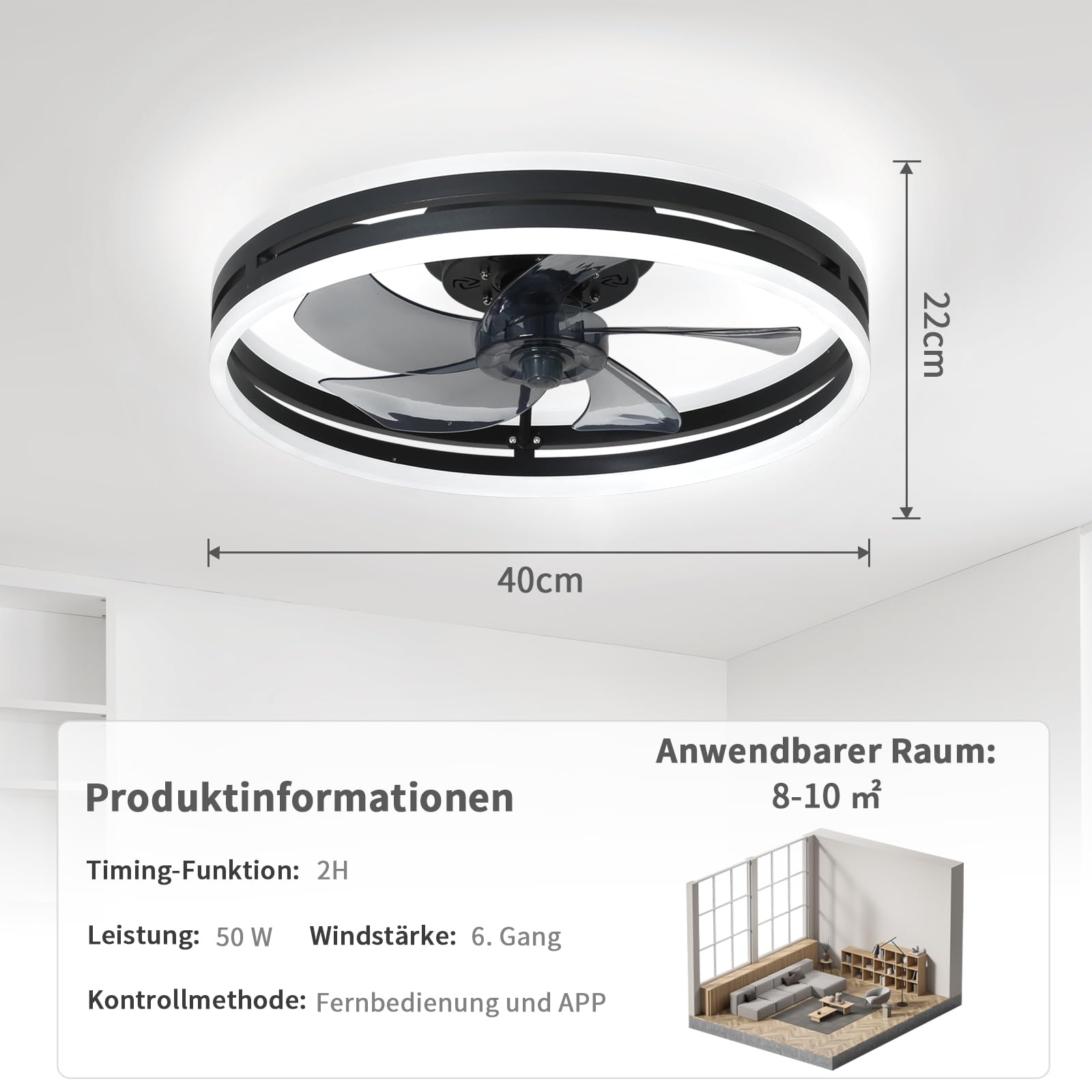 Cichy wentylator sufitowy z oświetleniem, 50 W, ściemniana, lampa sufitowa z pilotem zdalnego sterowania i aplikacją, 6 prędkości, z wentylatorem, timerem, do sypialni, salonu, kolor czarny, 40 cm