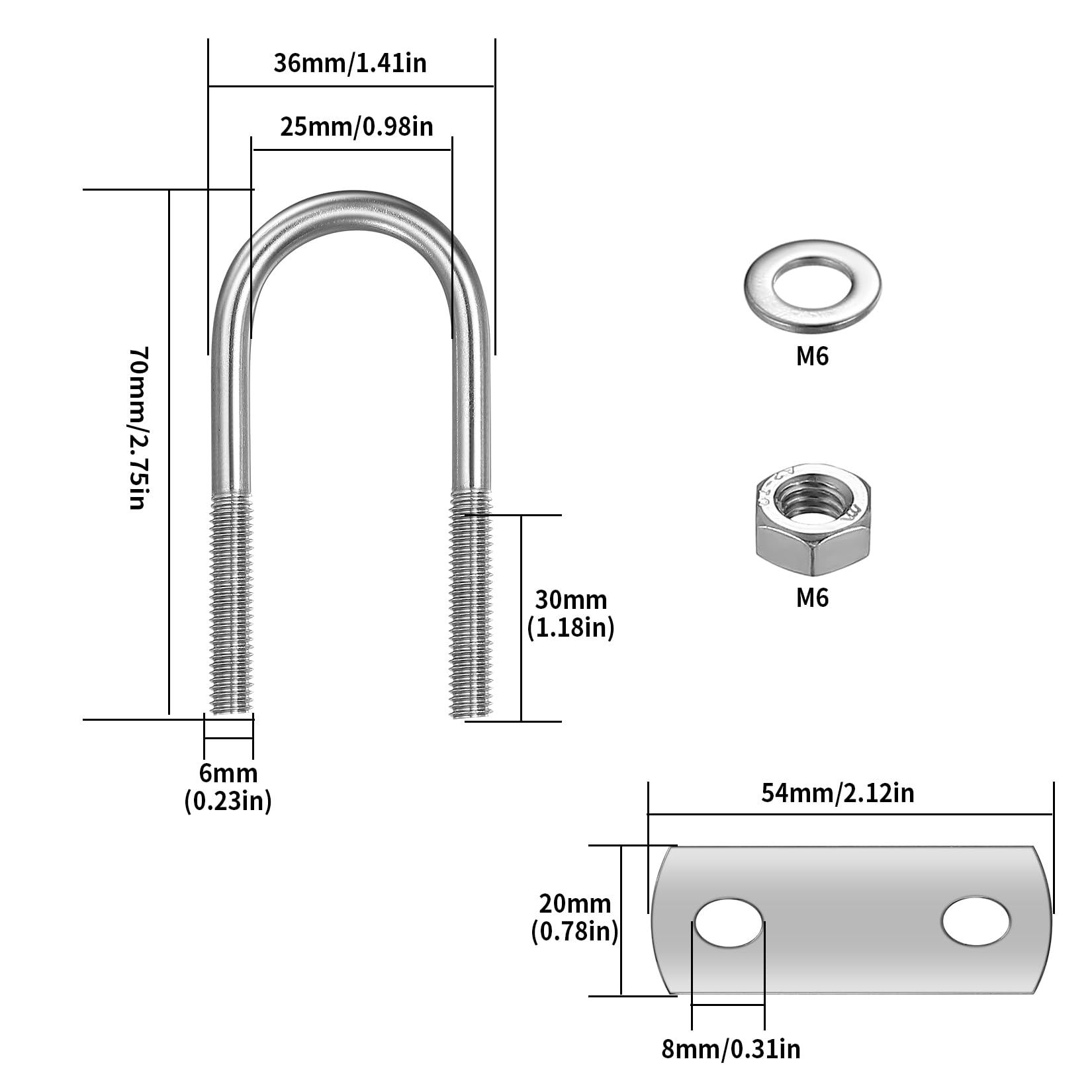 6 Pack Round U-Bolts, Stainless Steel U-Bolts with Frame Plates and Nuts, 1