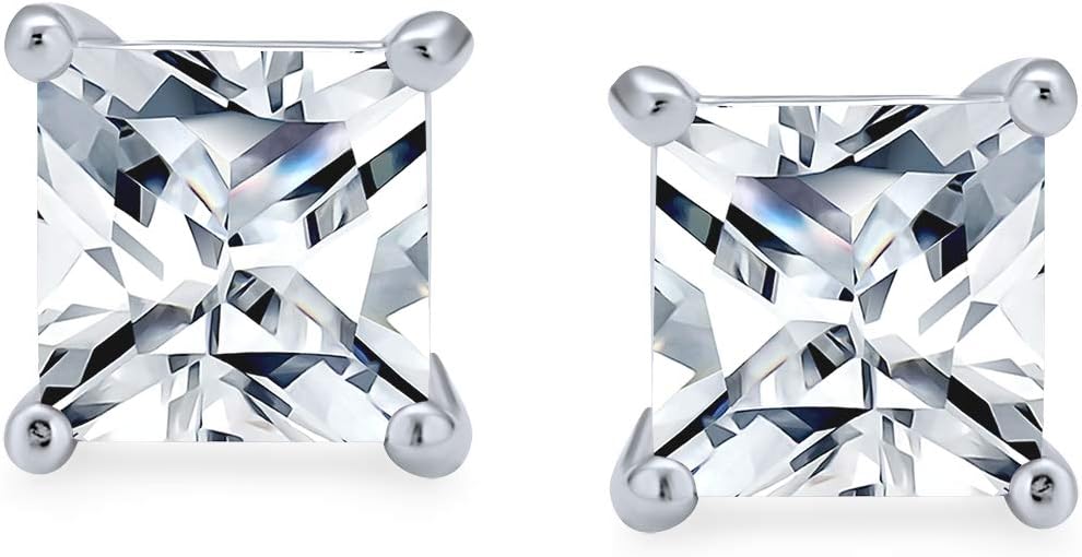 Square Cubic Zirconia Solitaire Princess AAA CZ Stud Earrings For Women Men 14K Gold Plated Sterling Silver 5 6 7 8MM