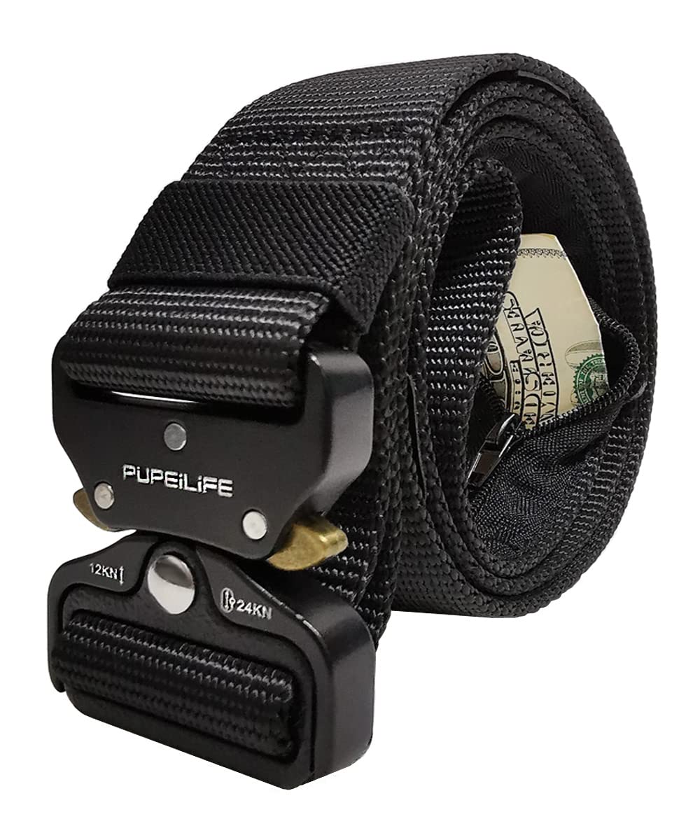 PUPEILIFE Belt with Hidden Money Bag Belt - 135cm Nylon Tactical Style with Pocket Suit For Waist Below 46 Inches - Black