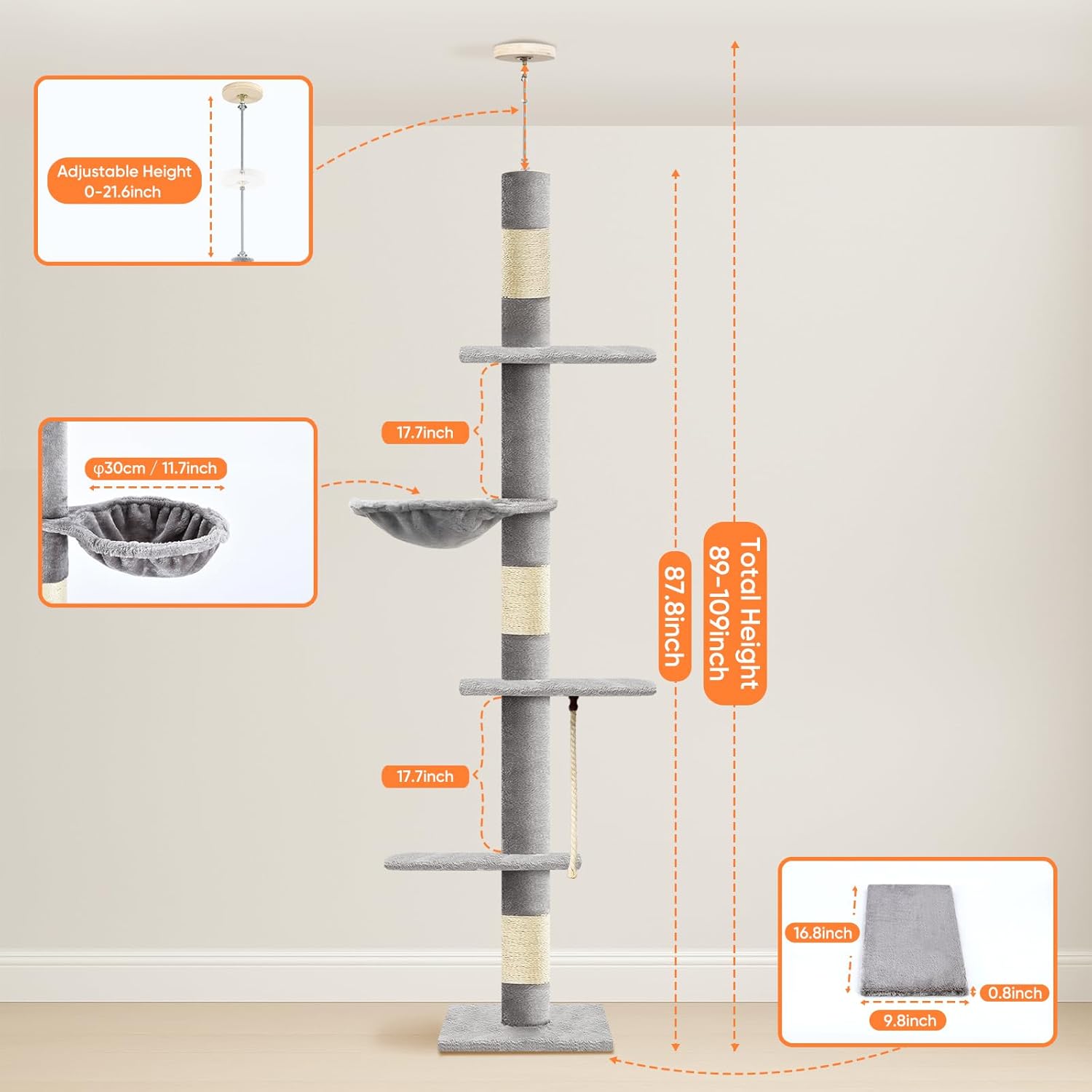 Cat Tree 5-Tier Floor to Ceiling Cat Tower with Cozy Hammock, 89-109 Inch Adjustable Height Sisal Scratching Post, Provides Vertical Enrichment for Jumping & Climbing, Grey