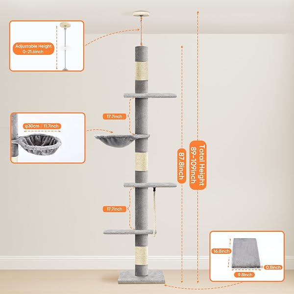 Cat Tree 5-Tier Floor to Ceiling Cat Tower with Cozy Hammock, 89-109 Inch Adjustable Height, Sisal Scratching Post, Provides Vertical Enrichment for Jumping & Climbing, Grey - 3