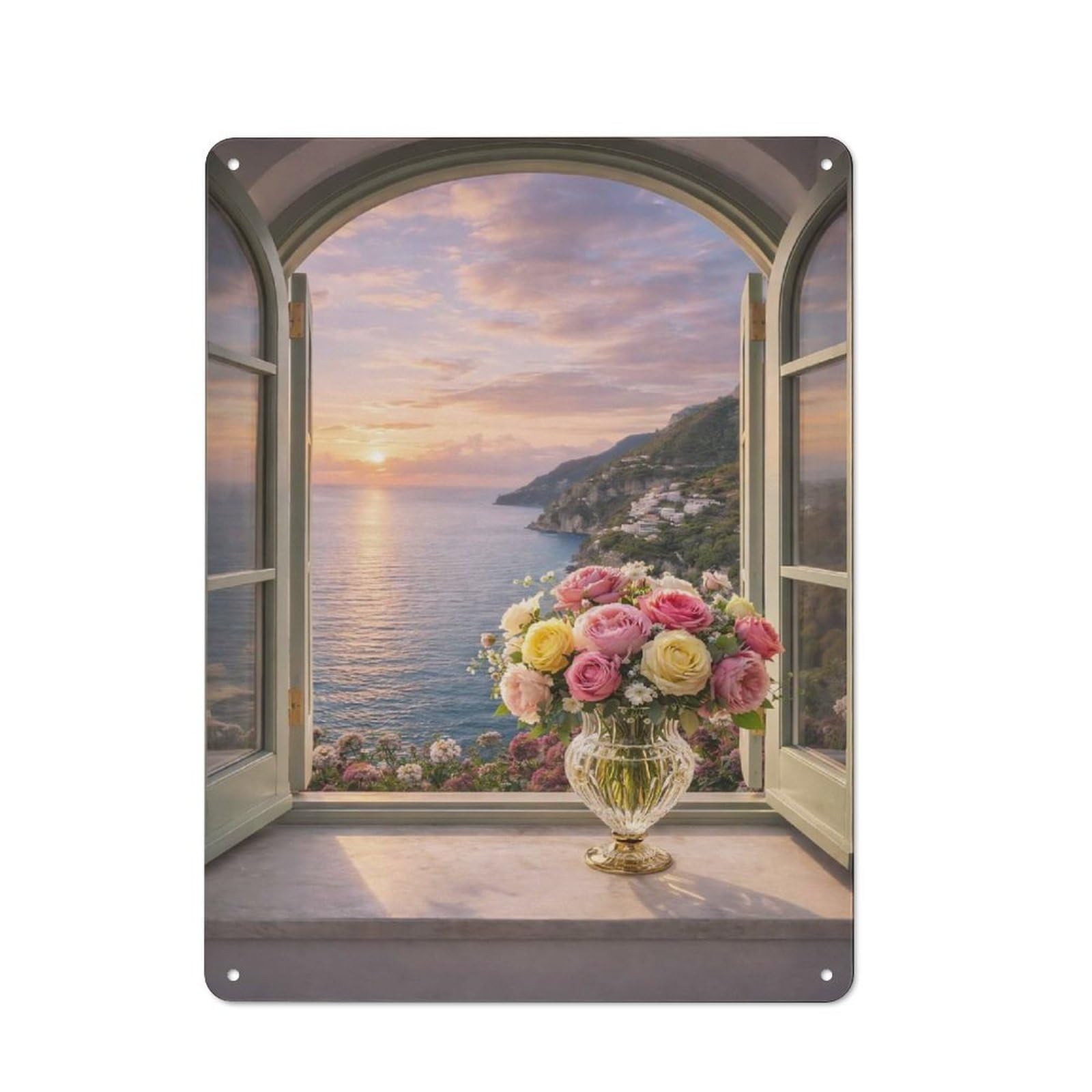 Junmoney Style-15 Tin Wall Plaque 40X30cm With Window View Of Positano At Sunset With Roses For Garage Wall, Suited To People Furnishing A Garage