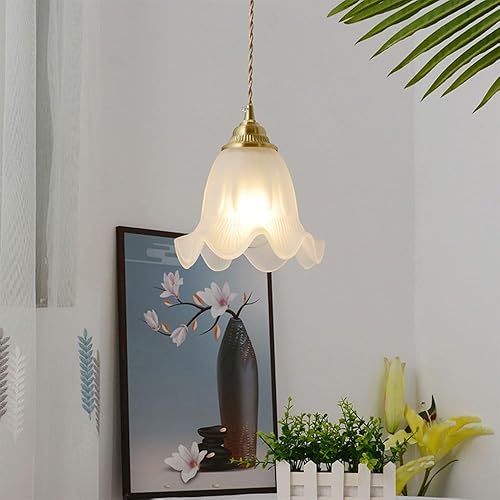 Miniatura 2 de Lámpara colgante con forma de flor retro nórdica, moderna lámpara colgante colgante de cúpula dorada con pantalla de vidrio esmerilado, cable
