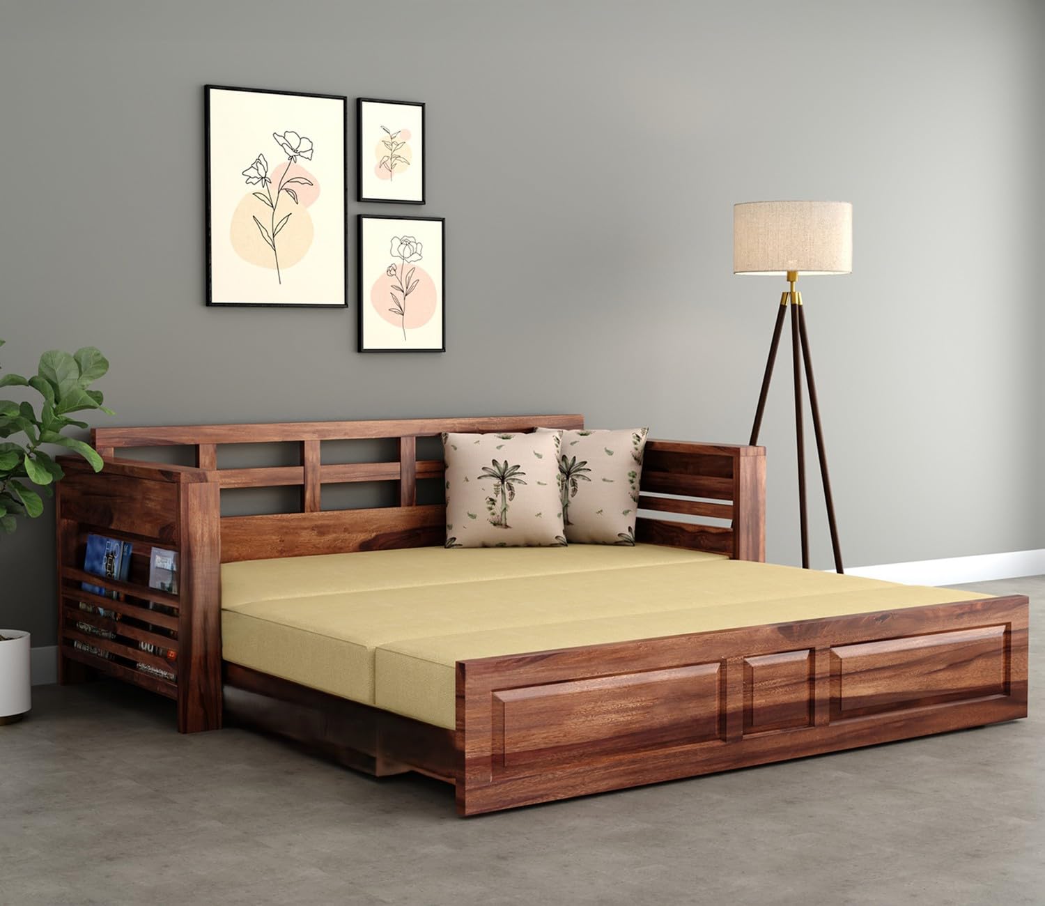 Krishna Wood Decor Solid Sheesham Wood Convertible 3 Seater Sofa Cum Bed with Headboard and Storge Armrest, Folding Double Bed with Mattress for Home Living Guest and Office Areas