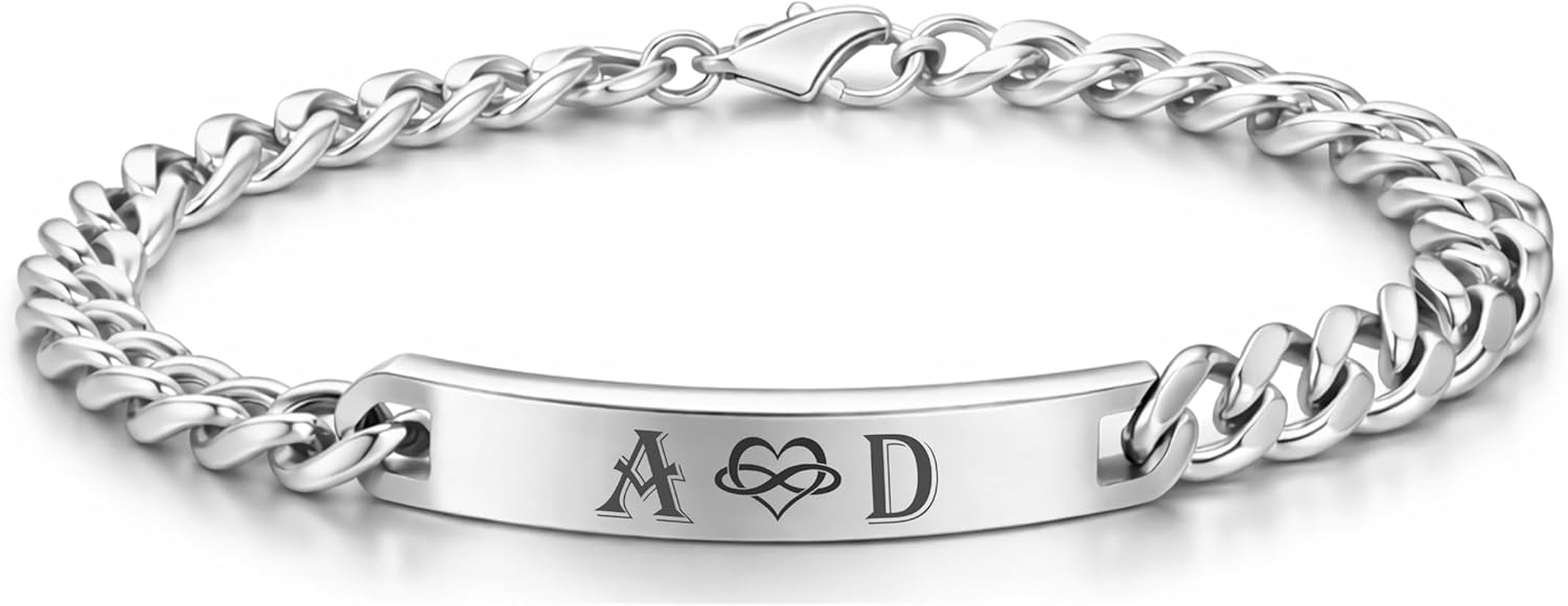 A & L Engraving Personalized Silver Stainless Steel Men's ID Bracelet Curb Link Custom Engraved Free - Made in USA