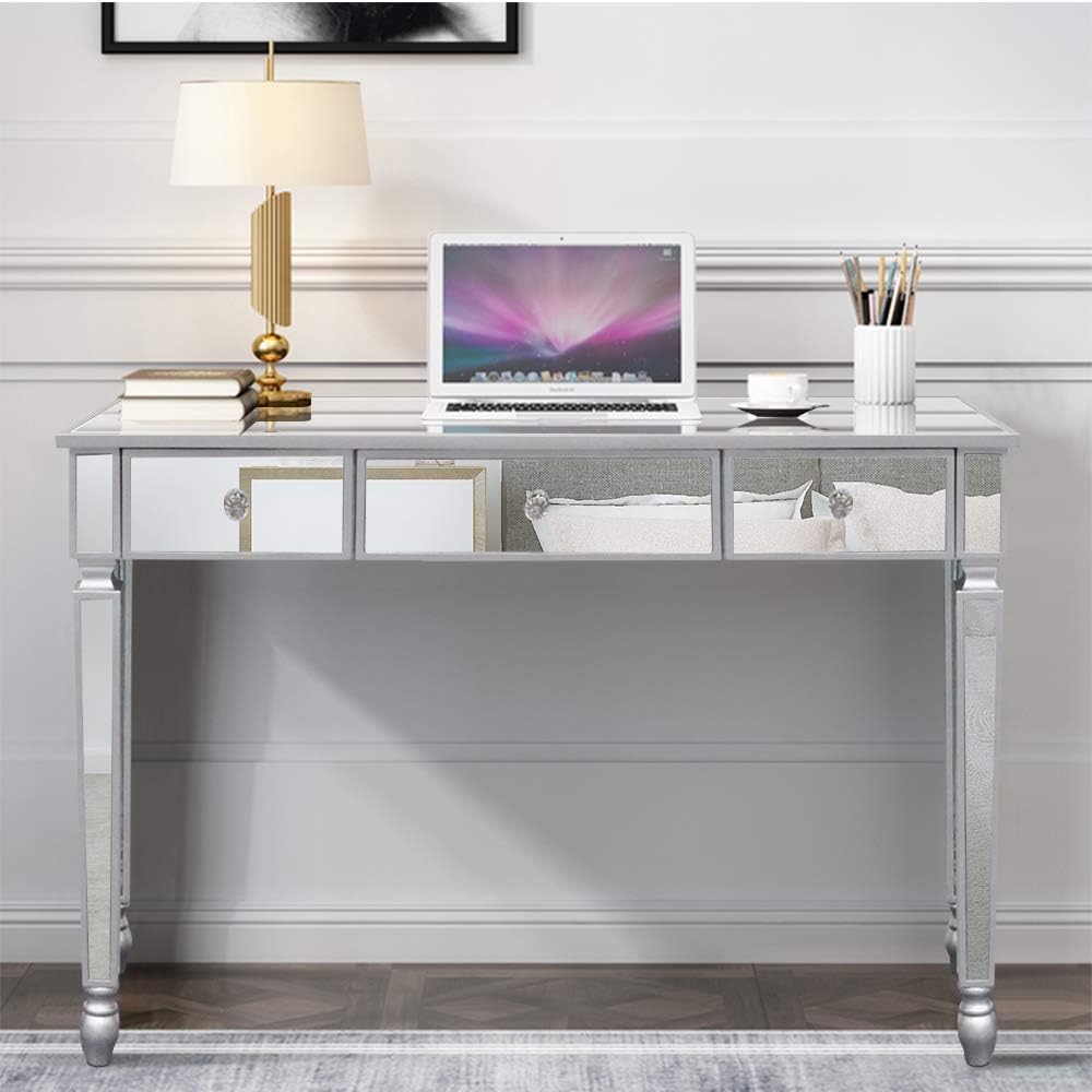 Goujxcy Mirrored Console Table Makeup Vanity Table Dressing Desk with 3 Drawer, 41" Silver Sofa Table Modern Glass Accent Tables for Bedroom Dressing Room Living Room (Sliver)