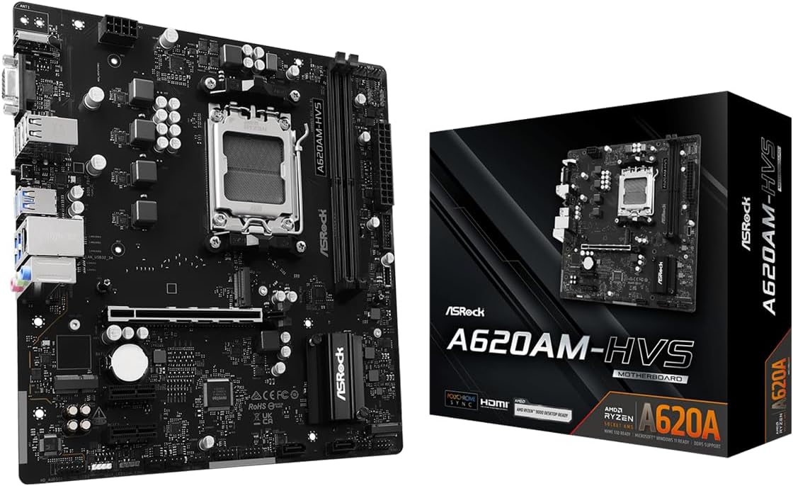 ASRock A620AM-HVS AMD Ryzen 9000/8000 / 7000 Series CPU Compatible (Soket AM5) A620A Micro ATX Motherboard