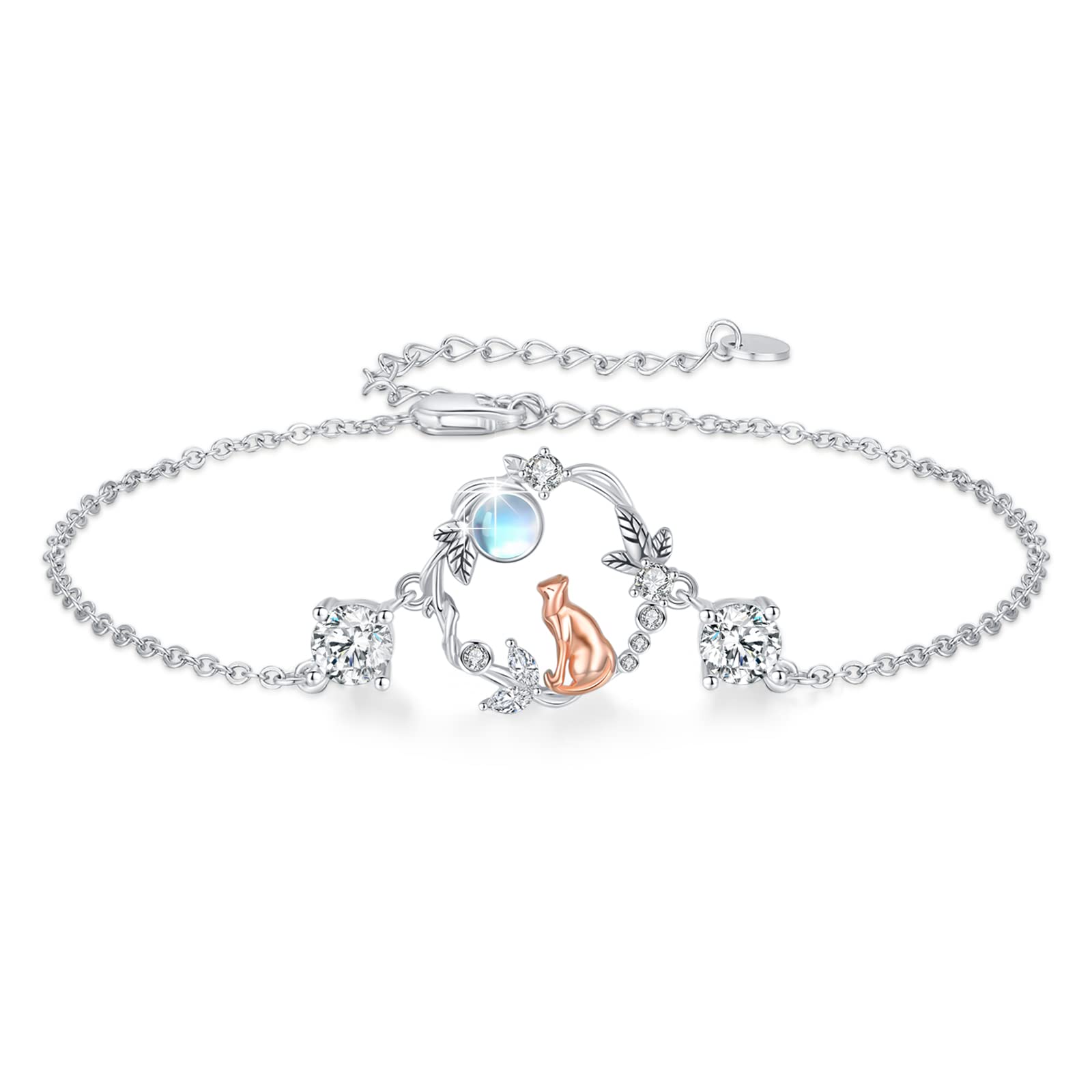 Pulsera de gato de plata de ley 925 para mujer, plata con piedra lunar y gatos, regalo para mujeres, amantes de los gatos y regalos para madres, Plata de ley