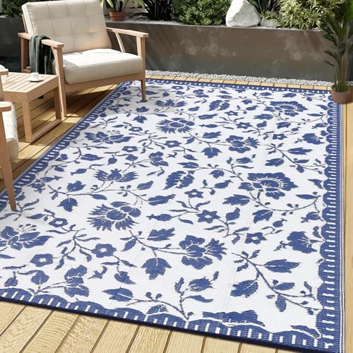Garvee 5x8 Outdoor Rug Waterproof, Vintage Floral Plastic Straw Rugs, Camping Rugs for Outside Your RV, Foldable Lightweight Reversible Carpet with Portable Bag for Patio, Backyard, Beach, N