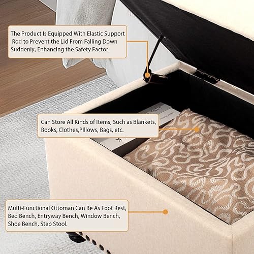 Miniatura 6 de Homestripe Banco otomano moderno copetudo de 24 pulgadas para dormitorio, banco otomano de almacenamiento con parte superior de lino tapizado de