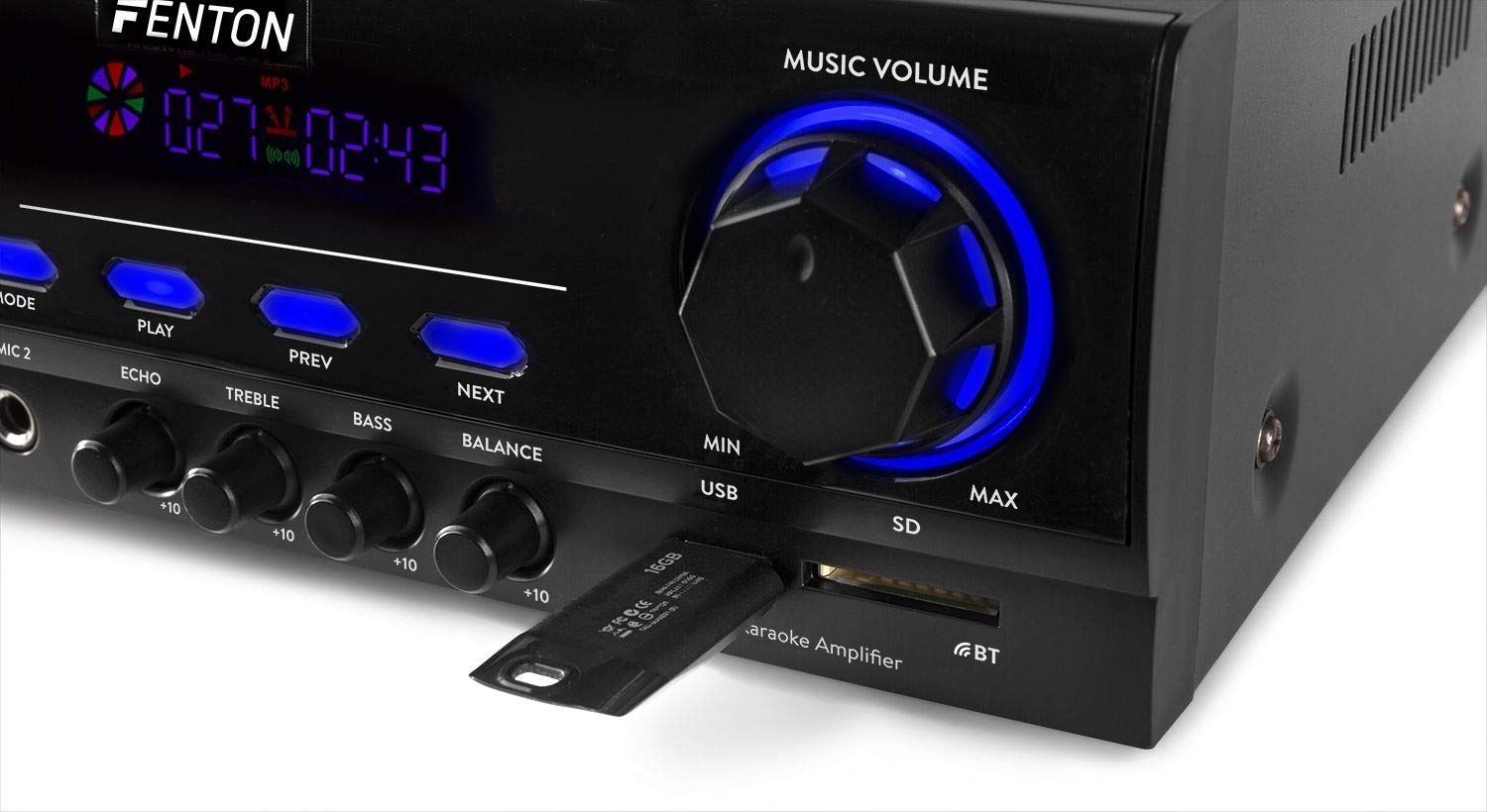 Fenton AV440 Amplificador HiFi y Karaoke Digital con Bluetooth, 400 W, Reproductor MP3 (USB/SD), 2 entradas de micrófono, Ideal para Cine en casa, Fiestas y Eventos, Incluye Mando a Distancia
