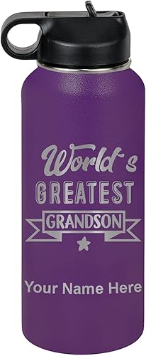 Miniatura 75 de LaserGram Personalized Water Bottle, World's Greatest Grandson, Stainless Steel Double Wall Vacuum Insulated with Flip Top Straw, Custom Engraved