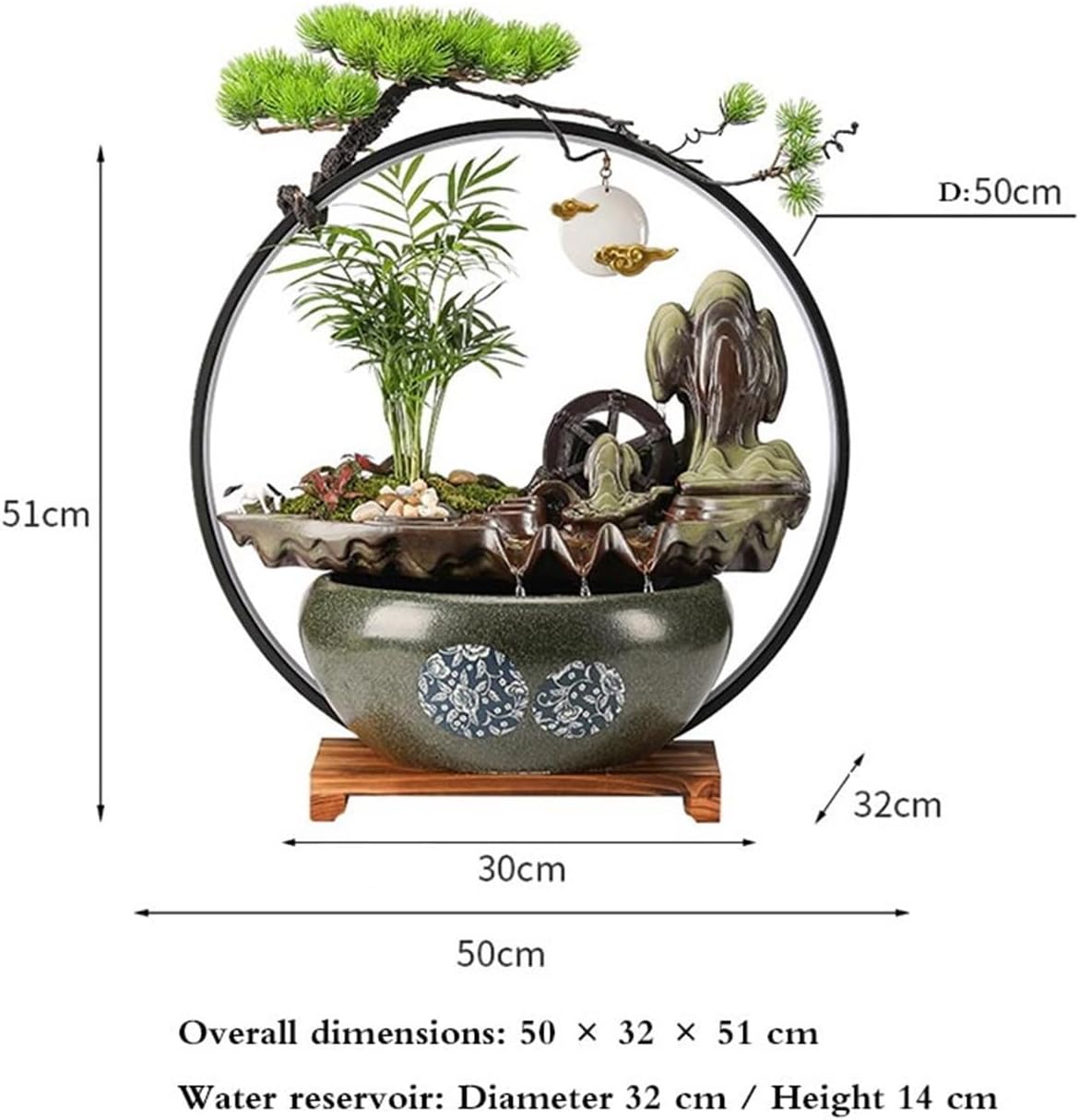 Tabletop Waterfall Fountain Indoor, Tabletop Water,Desk Chinese Ceramic with LED Light Ring Home