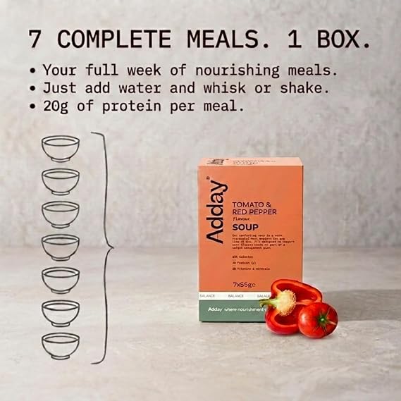 Adday Meal Replacement Soup - Tomato & Roasted Pepper - 7 Meals | Meal Replacement Soup, 20g Protein, Low Calorie Total Diet Replacement, Vegetarian, Gluten Free & Halal