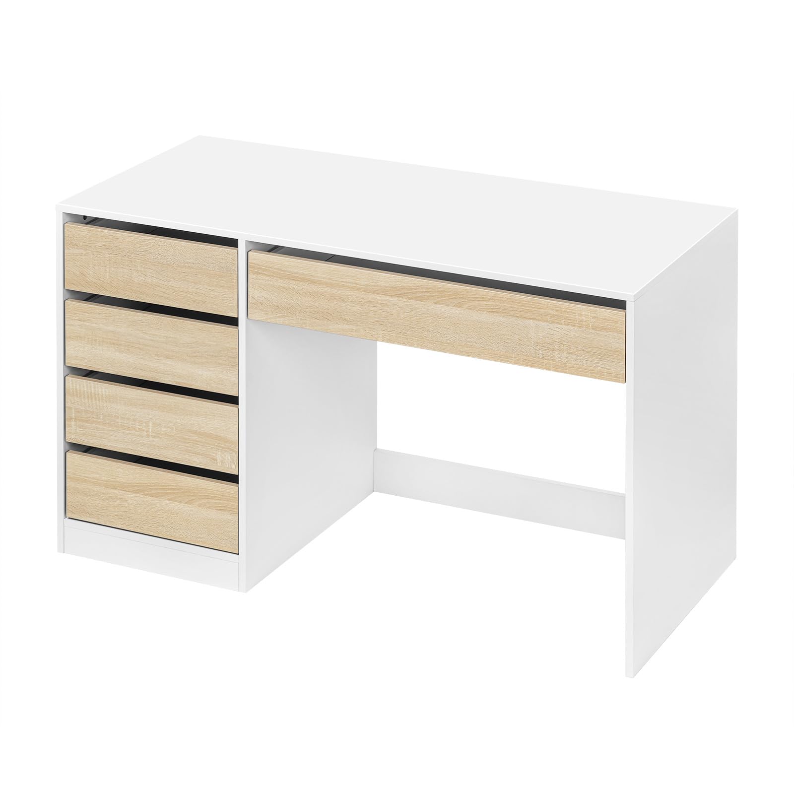 eSituro Escritorio con 5 Cajones, MDF, 120x55x75 cm, Blanco-Beige | Resistente al Agua, Cajones de Apertura Suave, para Dormitorio y Estudio