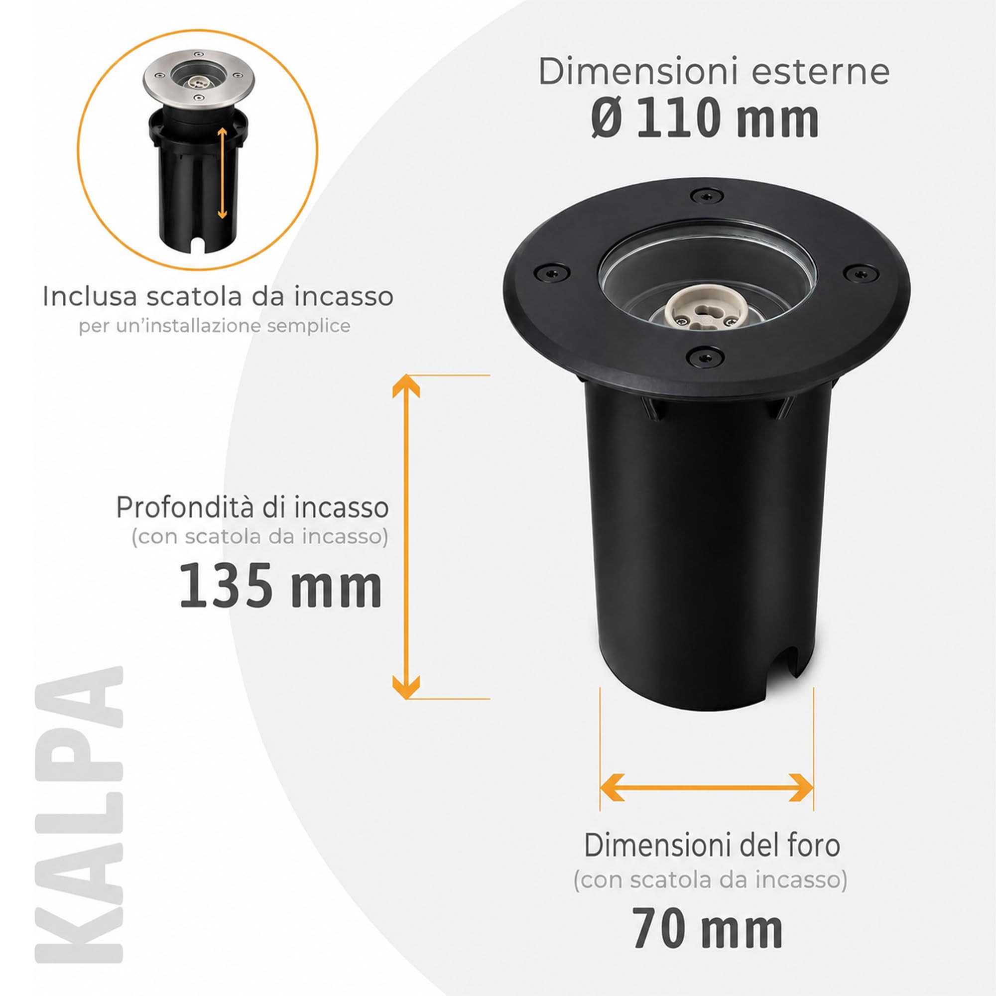SSC-LUXon KALPA Nero - 6 Faretti Incasso Pavimento Esterno IP67 230V I segnapasso carrabile, calpestabile, senza lampadina, acciaio inox e vetro reale, per giardino, vialetto e terrazza