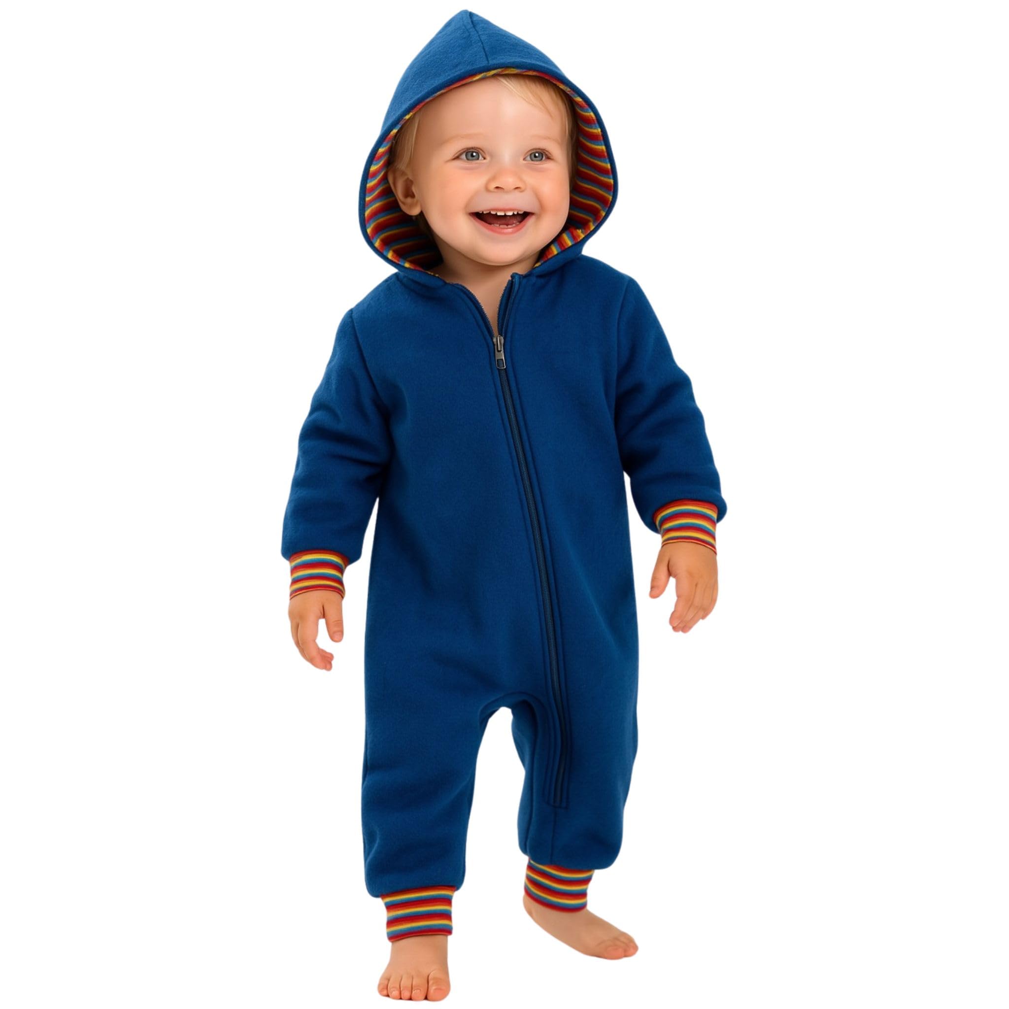 Lilakind Wollwalk Overall Baby Blau – Handgenähter Walkanzug mit Kapuze & Buntem Futter – Herbst- & Winteroverall für Jungen & Mädchen – Made in Germany – Gr. 62–110