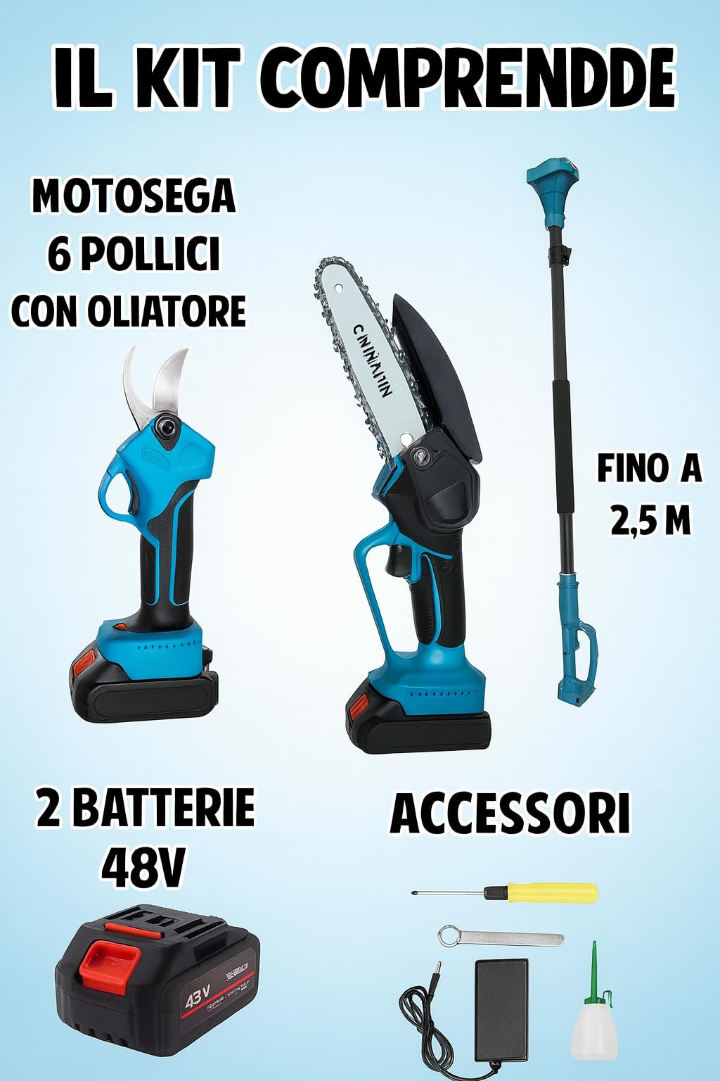 Kit Potatura Elettrico 3 in 1 con Asta Telescopica 2,5M, Forbici, Motosega 6" a Batteria, 2 Batterie 48V, Attrezzi Giardinaggio, Cesoia, Troncarami, per Rami, Alberi, Giardino, Vigneti, Orti