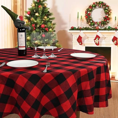 Miniatura 4 de OurWarm Mantel de Navidad redondo, mantel a cuadros de búfalo de 70 x 70 pulgadas con 100% algodón, impermeable, mantel a cuadros rojo y negro para