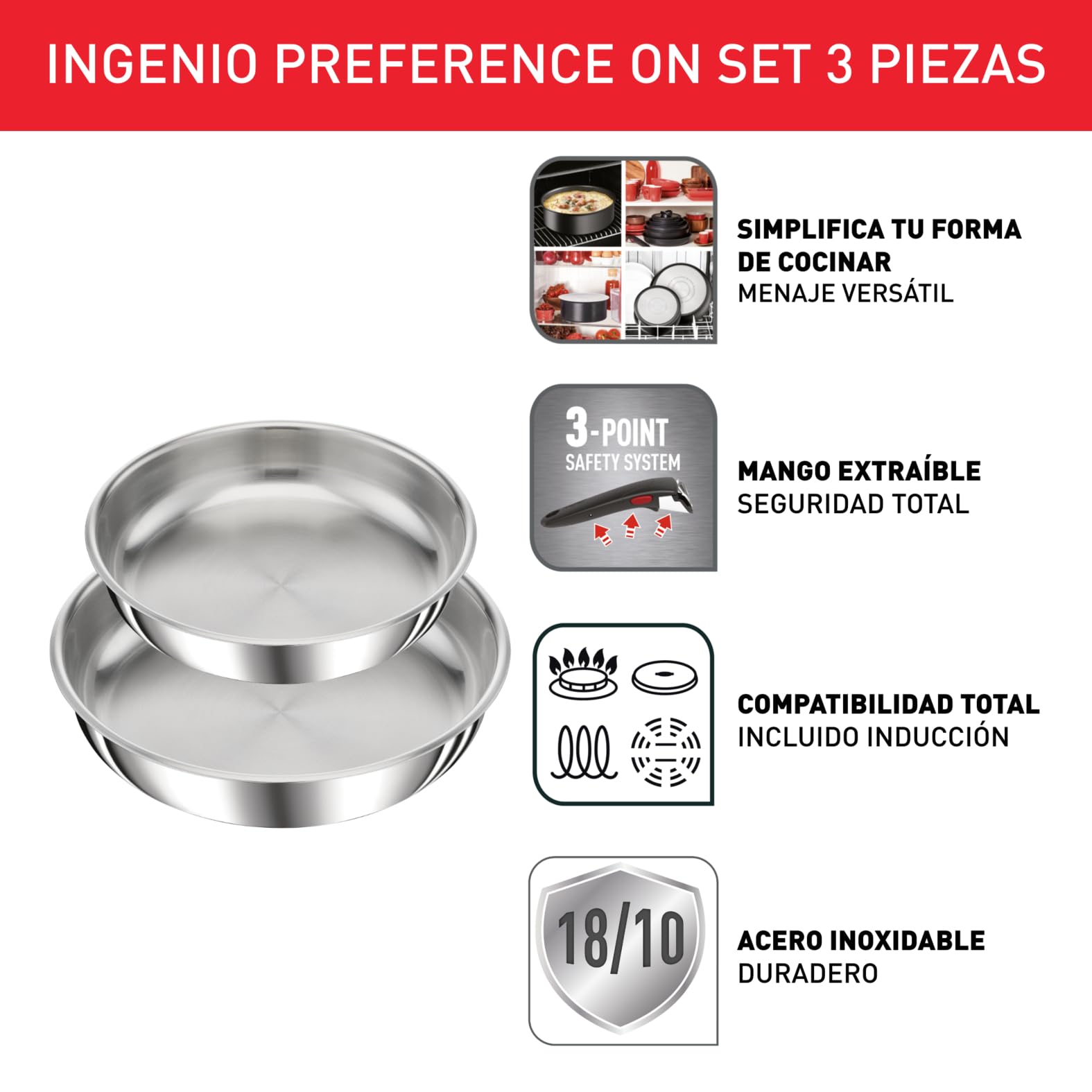 Tefal Ingenio Preference On - Juego de 2 Sartenes 24/28 cm + Mango extraíble, Apto inducción, sin antiadherente, acero inoxidable, apto lavavajillas y horno, apilables