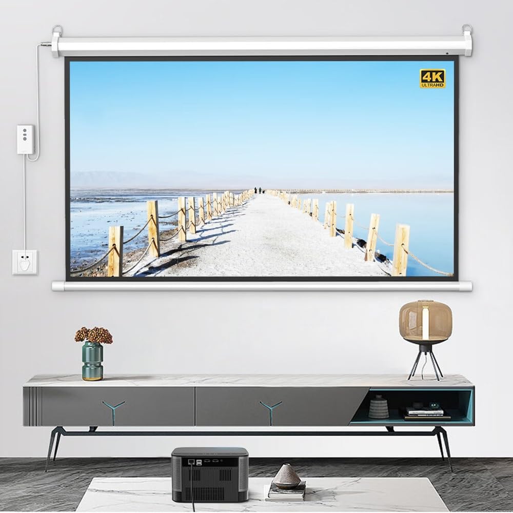 Schermo per proiettore motorizzato 50"/60"/72", Schermo per proiettore Elettrico 16:9 4K, Schermo cinematografico da Parete per Cinema al Chiuso e all'aperto (60 pollici/153 cm)