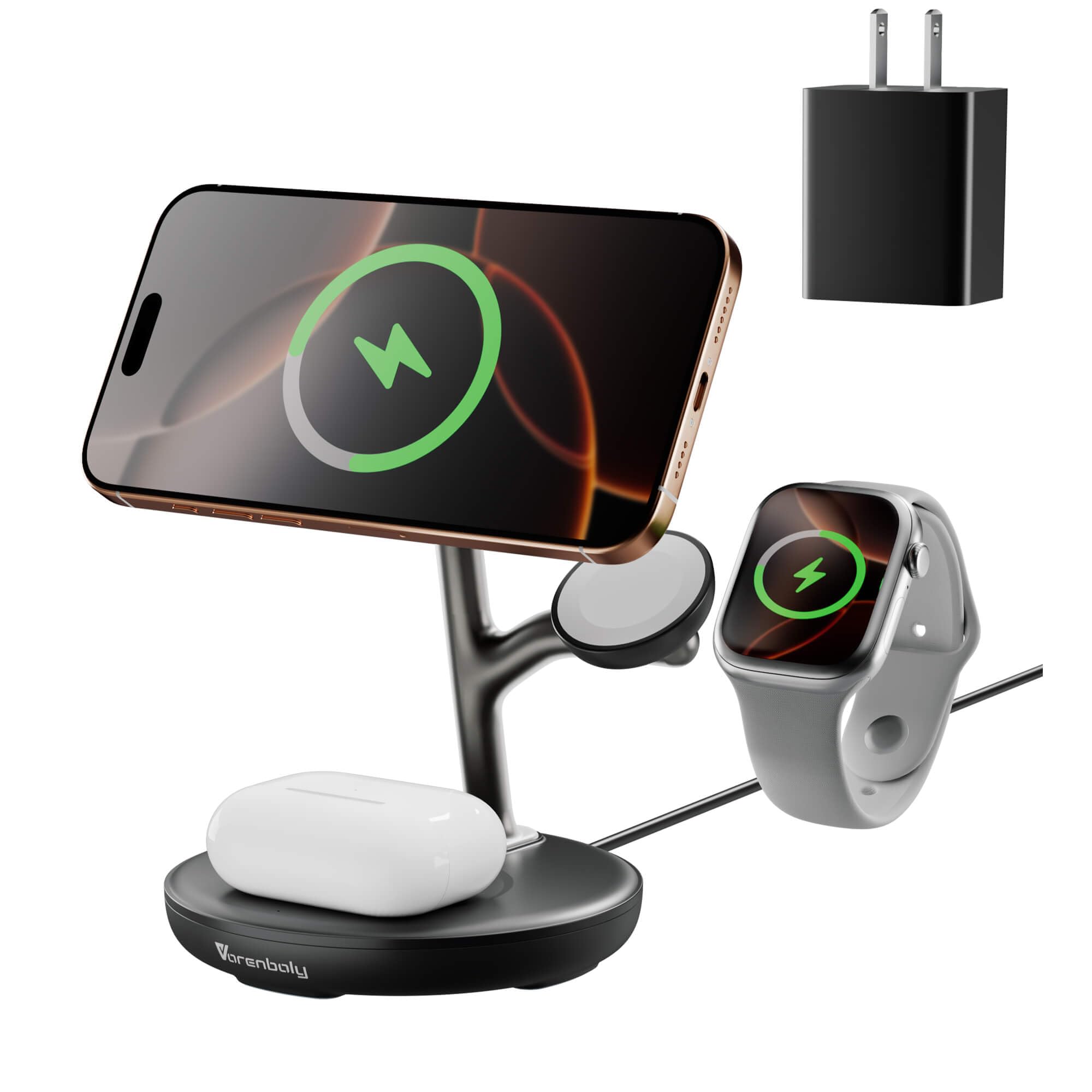 Estación de carga 3 en 1 para Apple, cargador inalámbrico magnético rápido para múltiples dispositivos iPhone 16/15/14/13/12, para Airpods y Apple Watch Magsafe soporte de carga