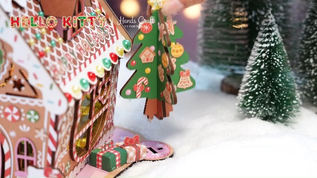Hands Craft Hello Kitty Gingerbread House Kit – Wooden Holiday 3D Puzzle. DIY Christmas Craft Set, Winter Home Decor Holiday Display, Christmas Decoration and 3D Model for Ages 14 and Up