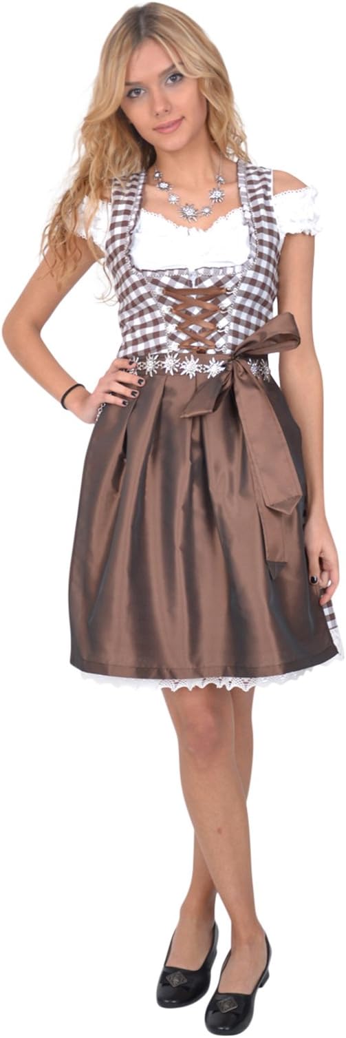 3-piece traditional dirndl costume, brown/white chequered