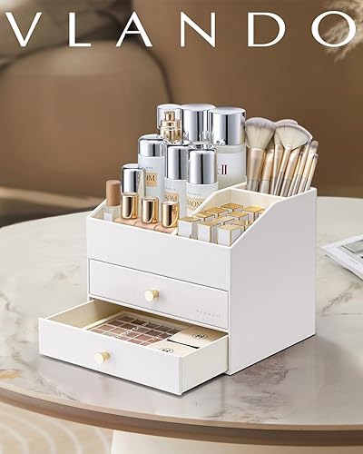 Miniatura 9 de Vlando Organizador de maquillaje para tocador, organizador de encimera de gran capacidad con cajones, vitrina de cosméticos de piel sintética para