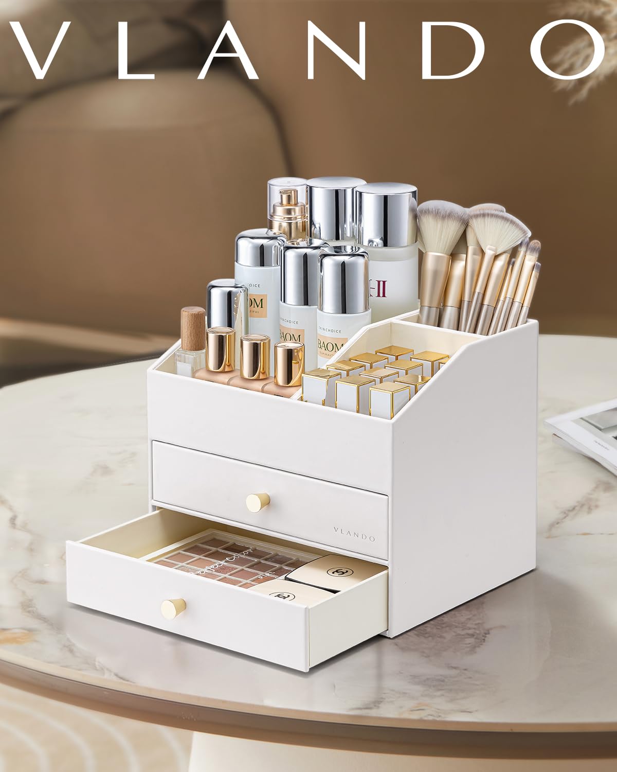 Vlando - Organizer per trucco per toeletta, organizer da banco a grande capacità con cassetti, custodia in pelle PU per cosmetici, ideale per rossetto, pennelli, prodotti per la cura della pelle
