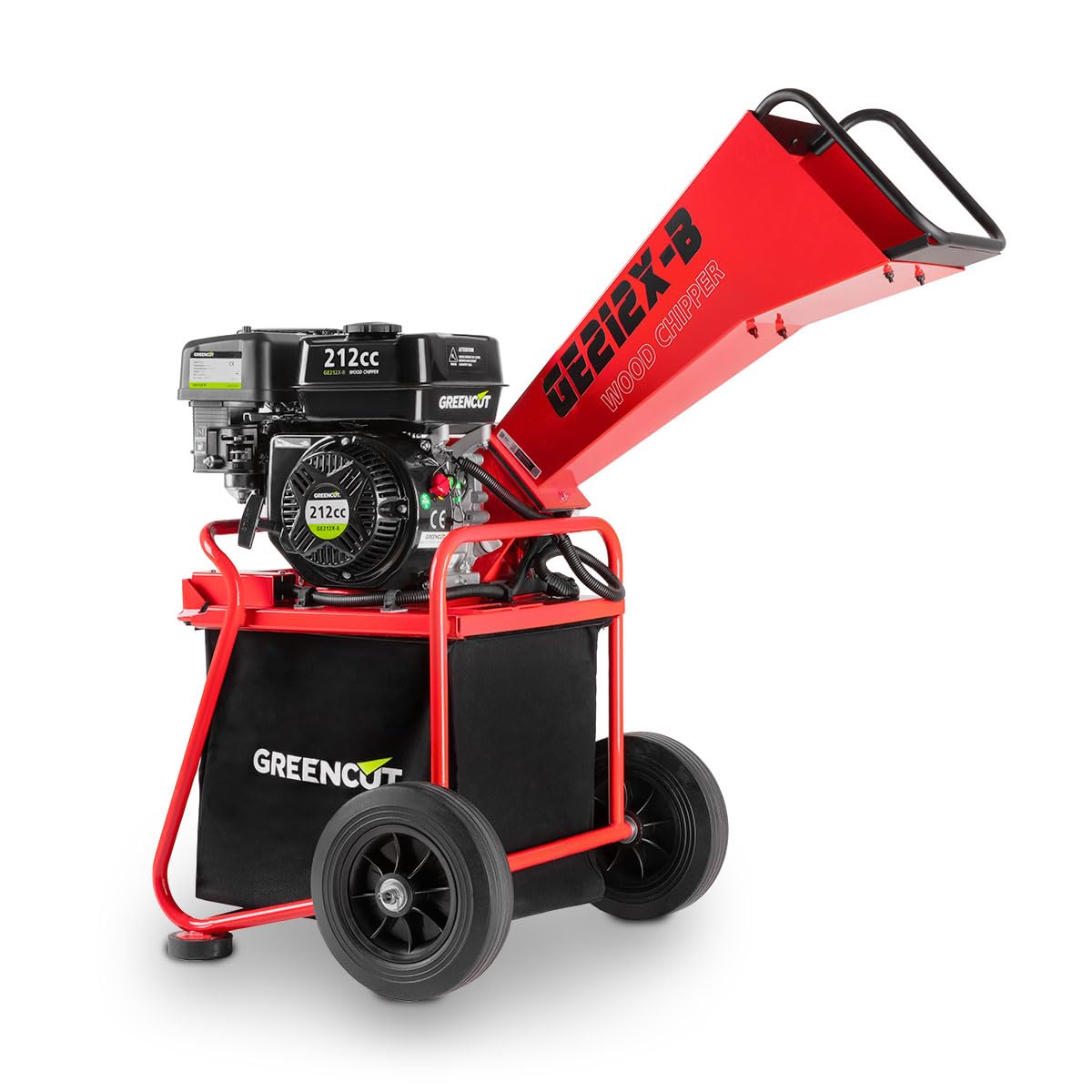 GREENCUT GE212X-B - Biotrituradora de Gasolina 212cc 7cv , Tritura Ramas Hasta 50mm, Incluye Saco de 64L, con Ruedas y Asa para Transporte Roja