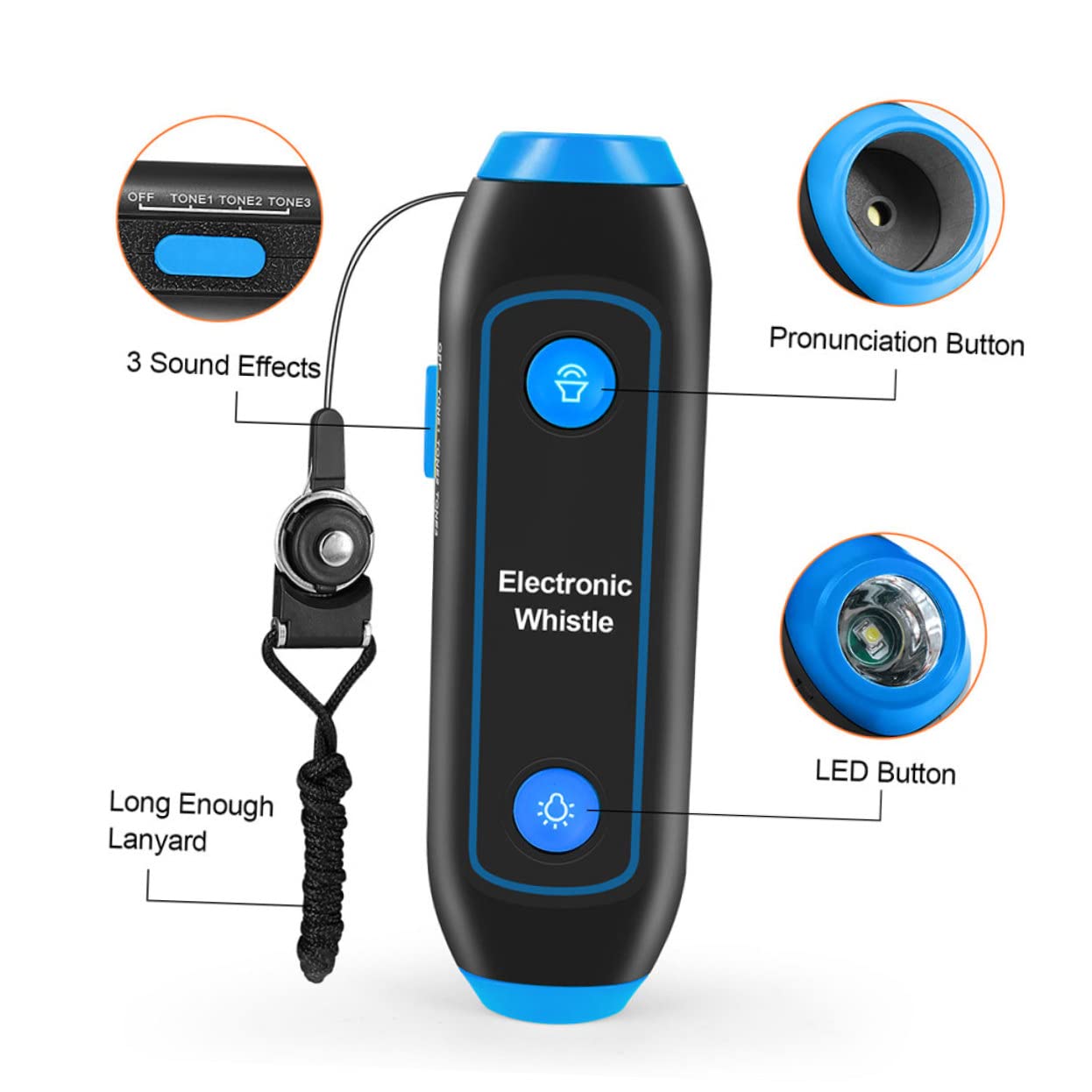 Silbato Electrónico de 3 Tonos con Linterna de Emergencia Azul | Abs, Componentes Electrónicos y Imán, con Cordón Incluido, para Entrenadores y Profesores de Educación Física