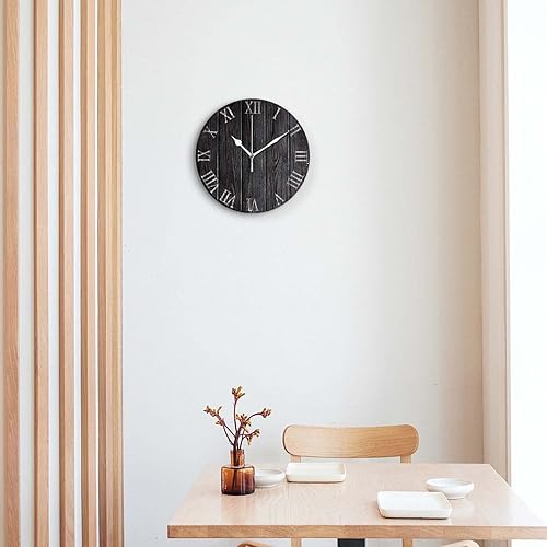 Miniatura 3 de Reloj de pared rústico silencioso sin tictac, reloj de madera negro con números romanos, reloj de pared redondo de 9.8 x 9.8 pulgadas para cocina,
