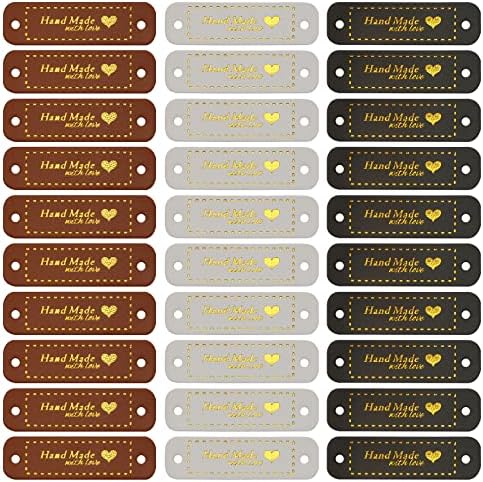 BENOSPACE 60 Pcs PU Leather Labels Faux Handmade with Love Sew on Clothing Tags Embellishment Knit Accessories with Hole for DIY Crafts Sewing Crochet Knitting Hats and Crocheting(Black, Brown, White)