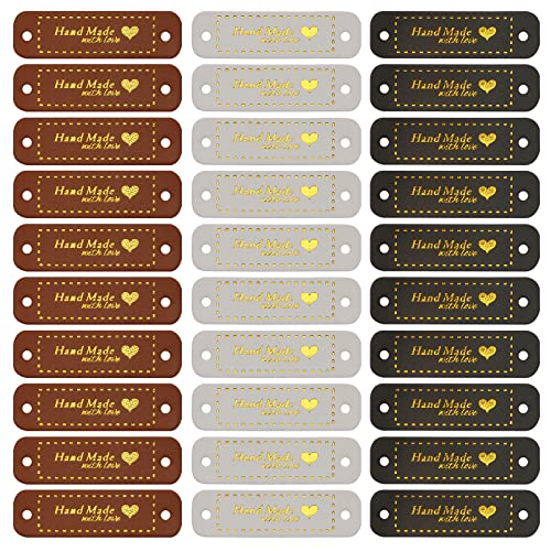 GOKEPO 60 etiquetas de piel sintética hechas a mano con amor para coser en la ropa, accesorios de punto con agujero para manualidades, costura, sombreros de punto y ganchillo (negro, marrón, blanco)
