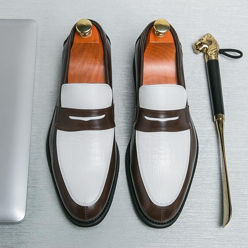 Image of HuitJours Men Two Tone Colors Penny Loafer Slip On Pull on Dress Shoes Casual Boat Shoes Moccasins