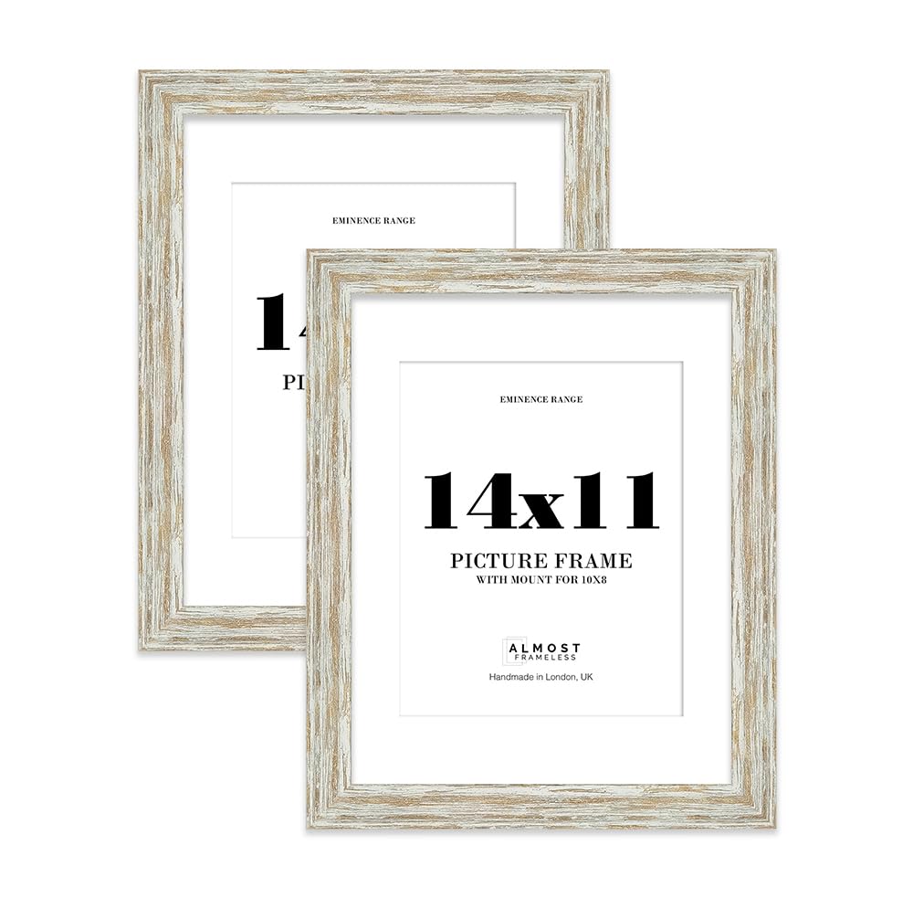 14x11" Distressed White Oak Picture Frame with 10x8" Mount - Weathered Photo Frame with Distressed Finish, Wall Hooks and Kickstand, 32mm Edge - 2 Pack