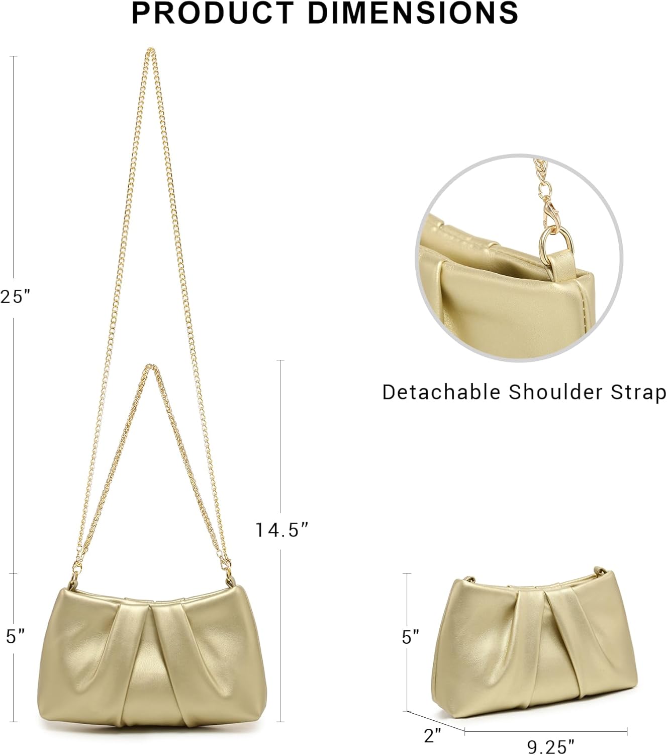 Dasein Elegant Pleated Evening Bag Soft Vegan Leather Clutch Purse Dressy Formal Handbag with 2 Chain Straps for Women