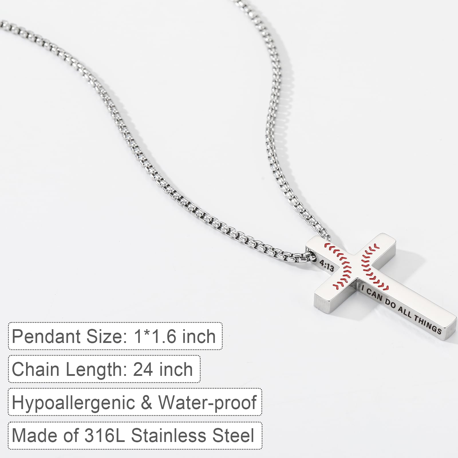 Baseball Bible Verse Cross Necklace for Boys Men, Stainless Steel Cross Pendant Chain Christian Religious Baseball Stuff Accessories Jewelry Gifts for Son Kids Teens Team