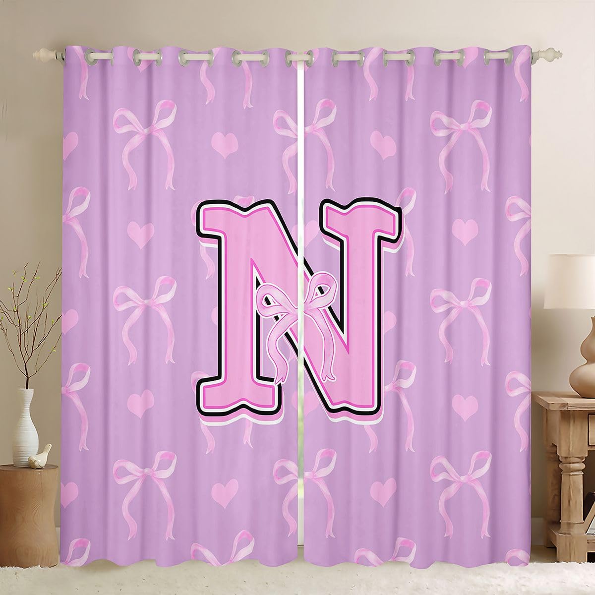 Homewish Fioletowa różowa kokardka zasłony okienne 117 x 183 cm 2 zestawy paneli - urocza wstążka kokardka zasłony zaciemniające czarna różowa kokardka litera N zasłony okienne Preppy miłość