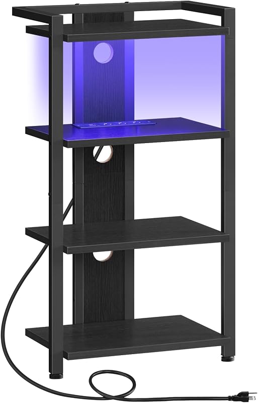 HOOBRO Game Console Shelf, 4-Tier Video Gaming Consoles Stand with Outlet & RGB Light, Audio Rack Tower for Turntable, Stereo Equipment, Wooden Entertainment Storage Stand, Black BB38UDCJ01