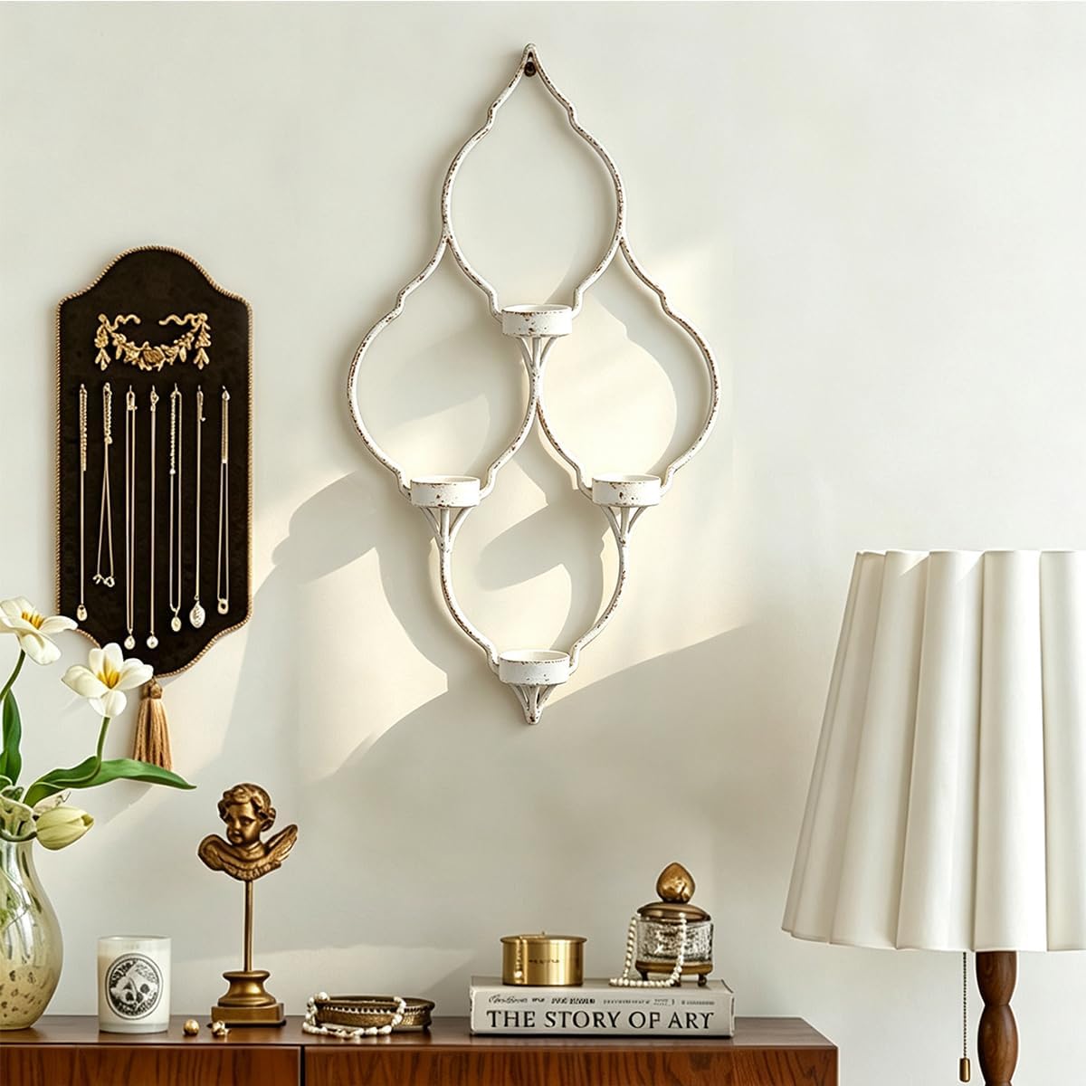 Distressed White Vintage Wall Sconce, 4-Arm Iron Candle Holder 16.3" H