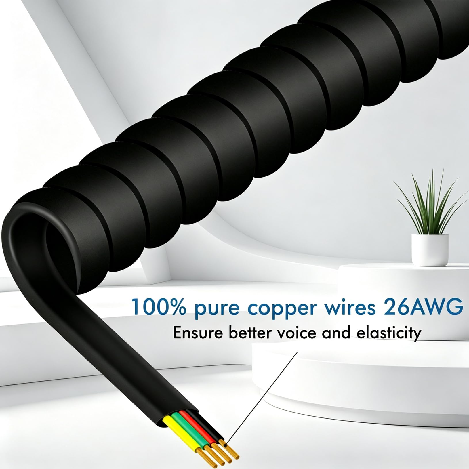 NECABLES Paquete de 2 + 2 cables de teléfono sin enredos para teléfono fijo, 2 cables de teléfono y 2 desenredantes para teléfono de escritorio, color negro