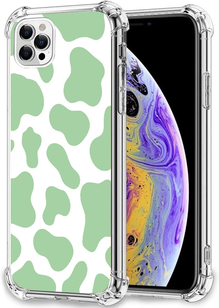 LUOWANGreen Cow Print Clear iPhone 12 Pro Max Cases, Cute Animal Pattern Design for Women Girls Teen, 4 Protective Bumpers Shockproof Transparent Phone Cover for 12 Promax 6.7 Inch